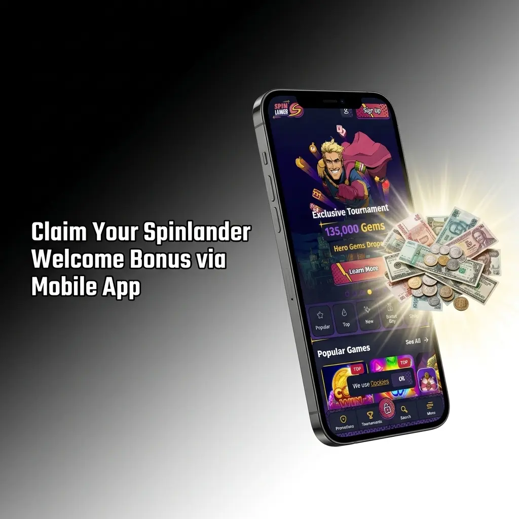 Spinlander mobile app welcome bonus activation steps on iOS and Android for C$1,250 match, free spins, and gems