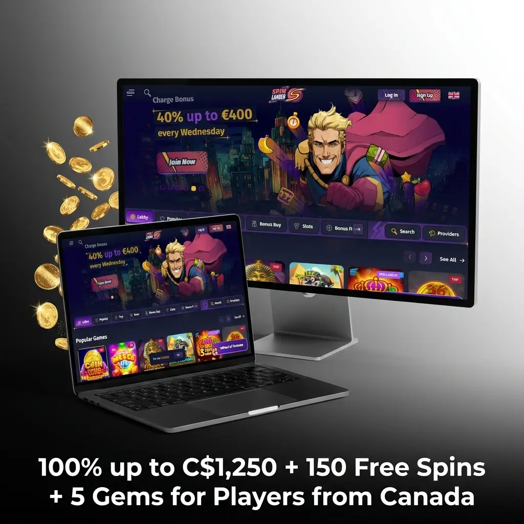 Spinlander welcome bonus offering 100% up to C$1,250, 150 Free Spins, and 5 Gems for Canadian players