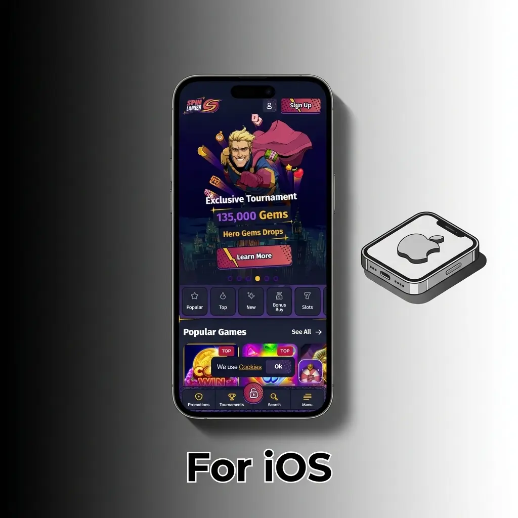 Spinlander iOS app installation steps on iPhone and iPad showing App Store download and login process