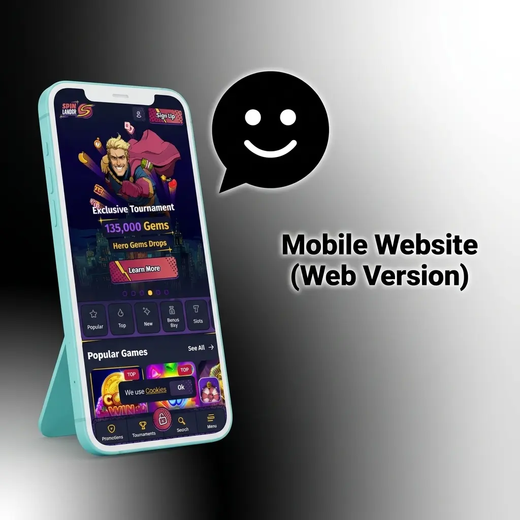 Spinlander mobile website on smartphone browser showing 7000+ games, no download needed, full account access on any device