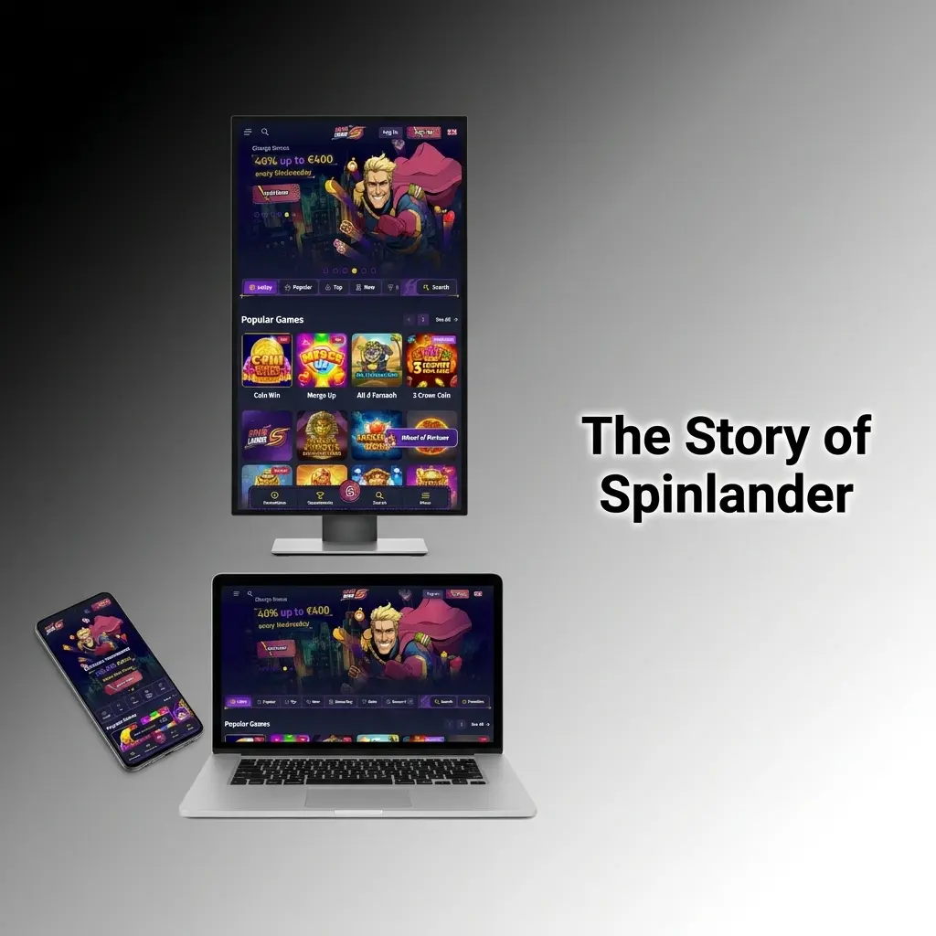 Spinlander casino logo and brand story overview, founded in 2024 and operated by Hollycorn N.V. in Curaçao
